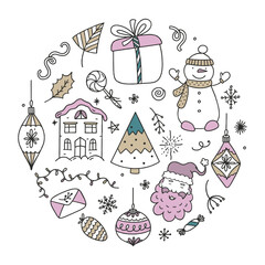 Set Christmas elements vector Illustration Doodle isolated on white Background Christmas Concept