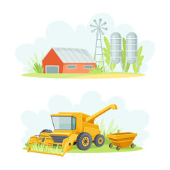 Plakat Agricultural Farming Machinery with Combine Harvester and Red Silo with Water Towers Vector Set