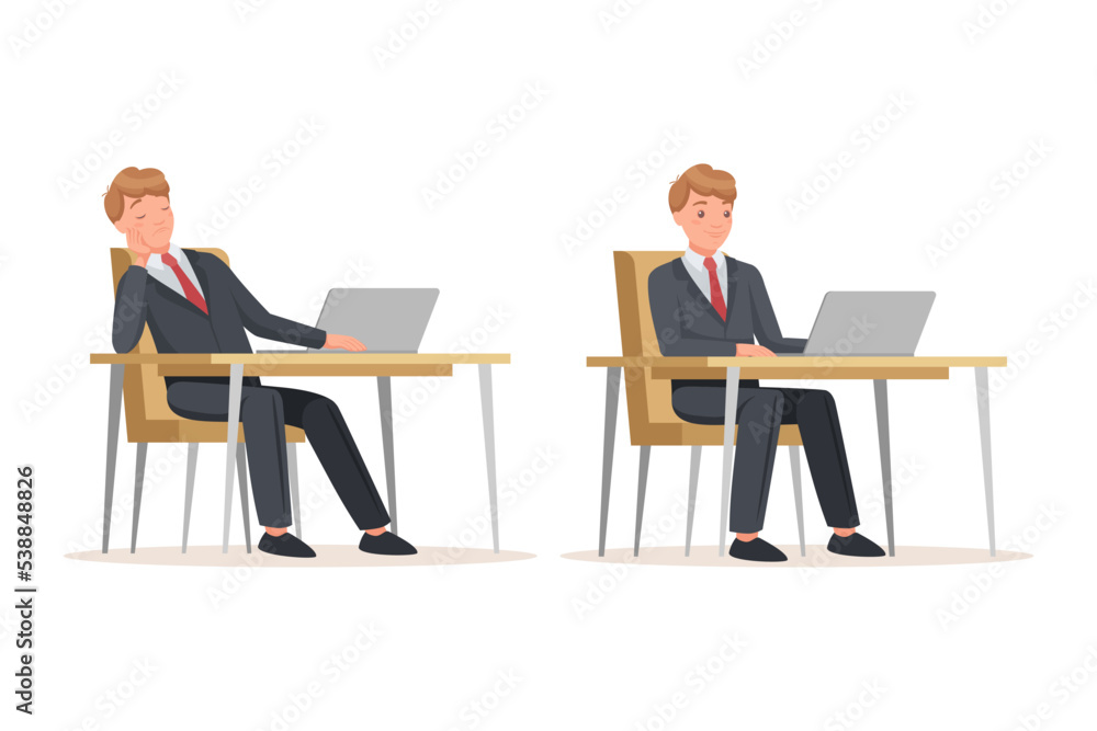 Poster office man in suit at desk with laptop engaged in workflow vector set
