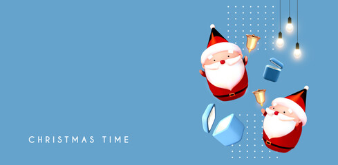 Merry Christmas and Happy New Year soft blue 3D design with cute Santa and gifts