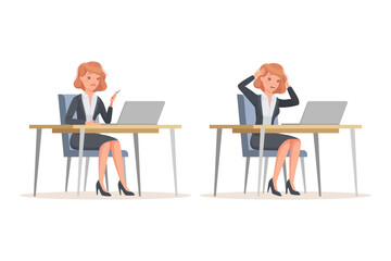 Office Woman in Suit at Desk with Laptop Engaged in Workflow Vector Set