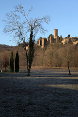 Winter exterior view from afar of the town of Castellâ€™Arquato, medieval village in Emilia Romagna, beautiful contryside of italy with many castles between the cities of Parma and Piacenza