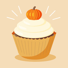 Sweet autumn pumpkin cupcake vector illustration flat