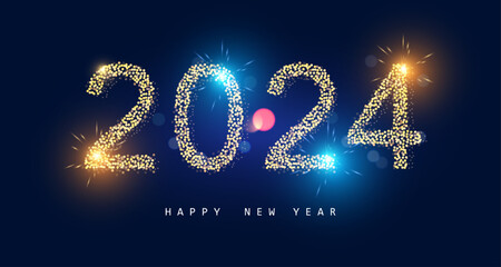 Happy New 2024 Year poster template with bokeh an light effects.