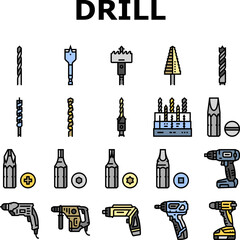 Fototapeta premium drill equipment construction icons set vector. machine power, industry work, industrial tool, drilling electric technology, repair drill equipment construction color line illustrations