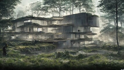 Architecture of the future, a ruined city overgrown with greenery. Concept art, idea for inspiration.