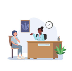 Obraz premium african female Doctor or medical adviser sitting at desk and giving consultation to patient. woman at physician s office, clinic or hospital. vector illustration