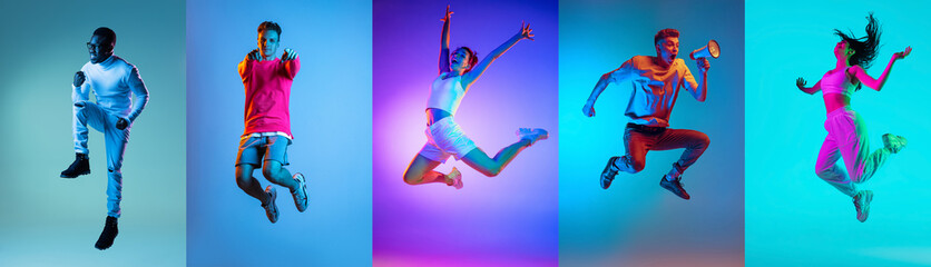 Fototapeta na wymiar Set of images of young diverse emotional men and women in motion isolated on multicolored background in neon light. Music, dance, youth, energy