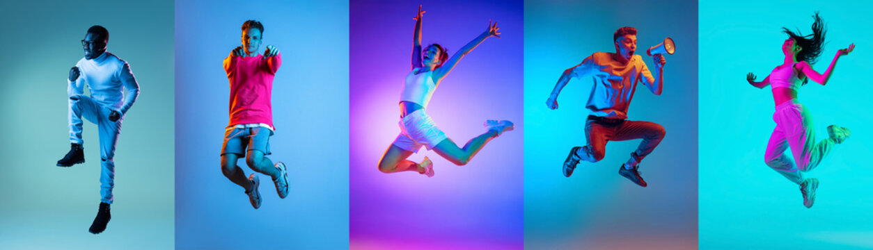 Set of images of young diverse emotional men and women in motion isolated on multicolored background in neon light. Music, dance, youth, energy