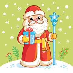 Vector illustration with Russian Santa Claus in traditional winter clothes standing on the snow .
