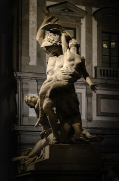 Lanzi Lodge in Florence, Italy: detail of the capture of Polixena sculpture, ancient greek statue free to see in Signoria Square