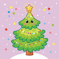 Vector illustration with a Christmas tree among falling colorful balls. Christmas card in cartoon style