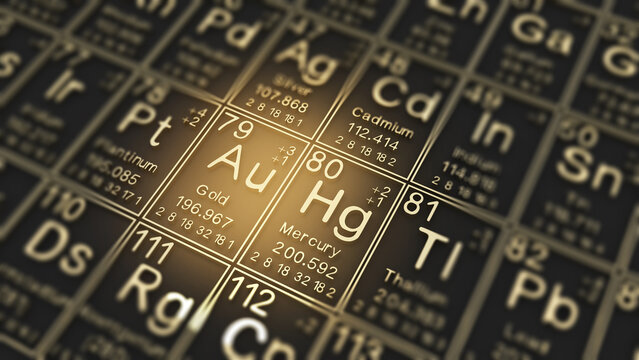 Gold and mercury on the periodic table of the elements on black blackground,history of chemical elements, represents the atomic number and symbol.,3d rendering