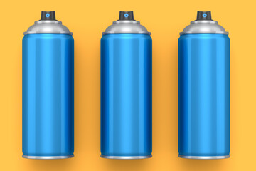 Set of spray paint cans on yellow background. Spray bottle and dispenser