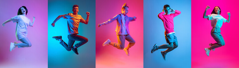 Set of images of young diverse emotional men and women in motion isolated on multicolored...