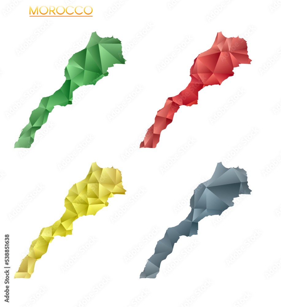 Poster set of vector polygonal maps of morocco. bright gradient map of the country in a low poly style. mul