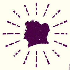 Ivory Coast Logo. Grunge sunburst poster with map of the country. Shape of Ivory Coast filled with hex digits with sunburst rays around. Neat vector illustration.