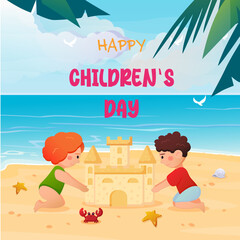 Illustration for World Children's Day. Flat Vector illustration with happy children who plays in the beach, builds sand castle. Sunny weather and blue sky