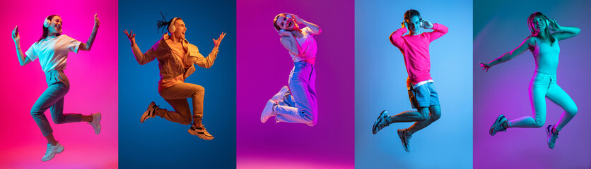 Collage of portraits of young excited expressive people jumping, dancing isolated on multicolored...