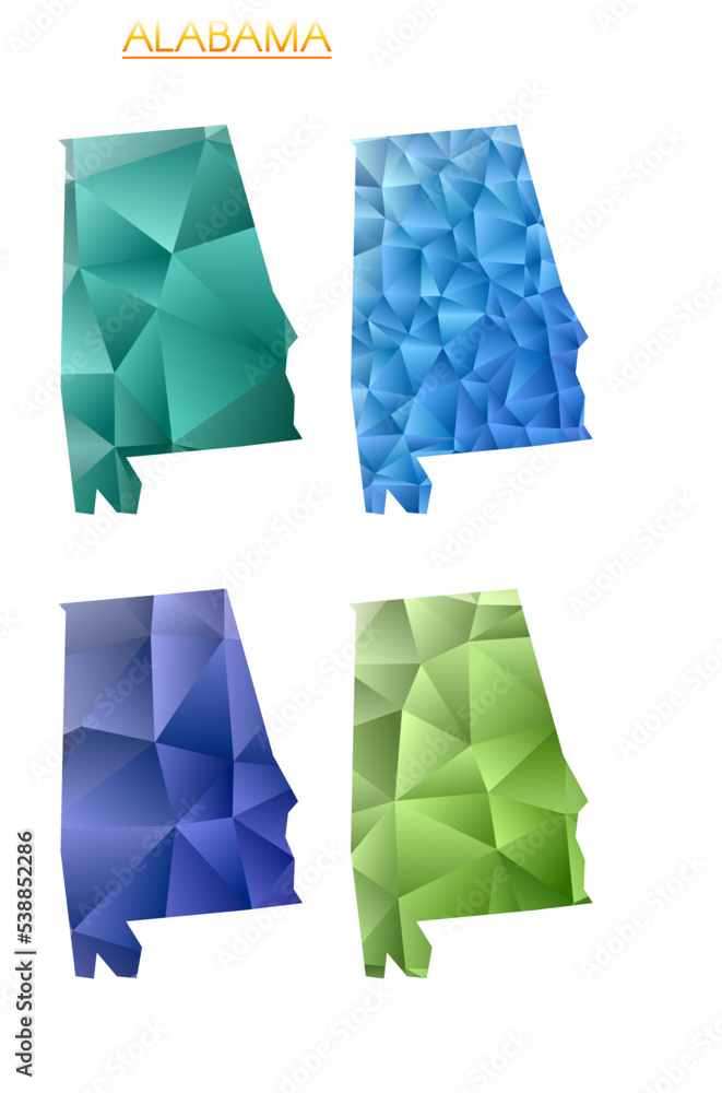 Poster set of vector polygonal maps of alabama. bright gradient map of us state in low poly style. multicol