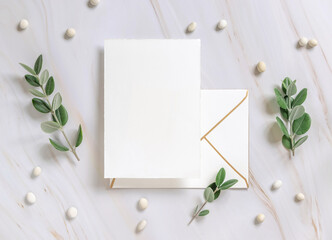 Card and envelope on a marble table near eucalyptus branches and white pebbles, Wedding mockup