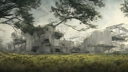 Architecture of the future, a ruined city overgrown with greenery. Concept art, idea for inspiration.