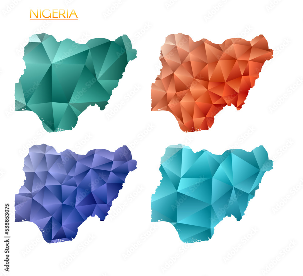 Poster set of vector polygonal maps of nigeria. bright gradient map of the country in a low poly style. mul