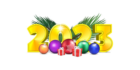 3d golden volumetric numbers 2023 with colored glass Christmas balls toys and small boxes with gifts on an isolated white background. A sample of a festive New Year of banner with fir branches