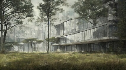 Obraz premium Architecture of the future, a ruined city overgrown with greenery. Concept art, idea for inspiration.