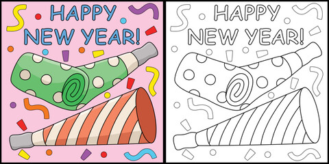 Happy New Year Trumpet Coloring Page Illustration