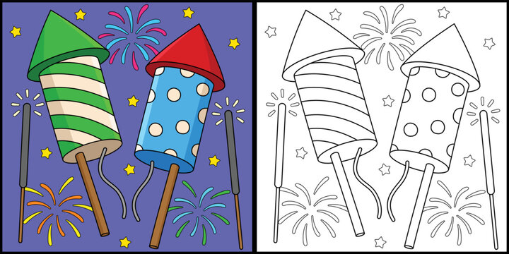 New Years Eve Fireworks Coloring Page Illustration