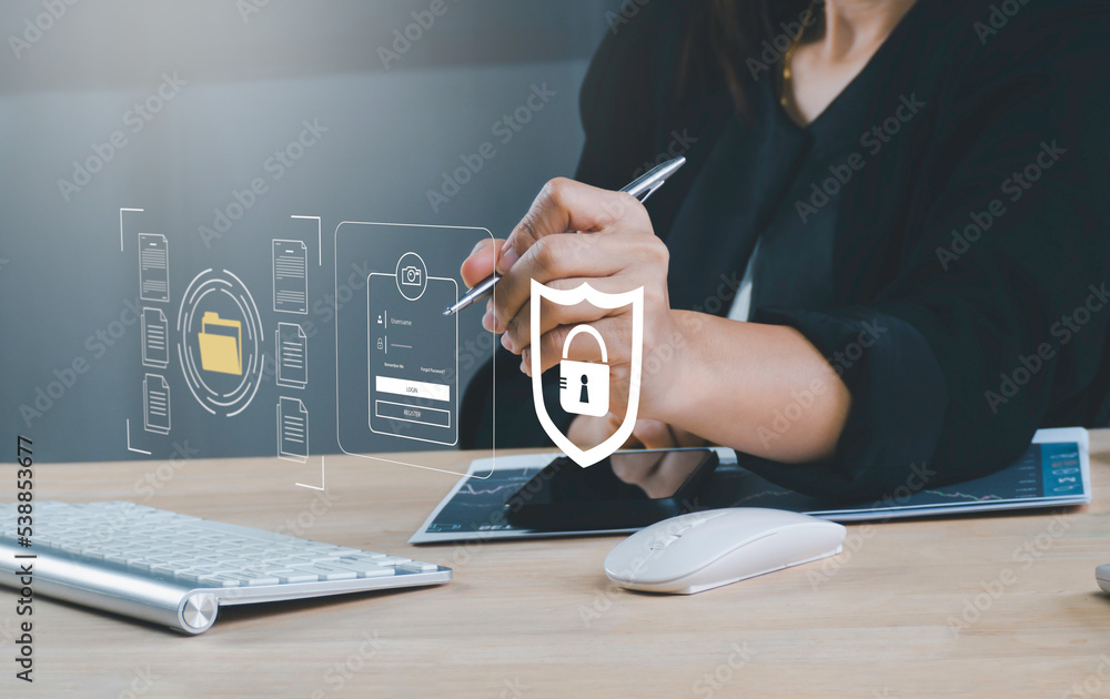 Poster businesswoman with line connect to data information on the cloud icon with people and computing netw