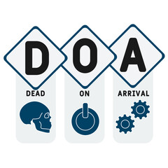 DOA - Dead On Arrival acronym. business concept background.  vector illustration concept with keywords and icons. lettering illustration with icons for web banner, flyer, landing page - obrazy, fototapety, plakaty