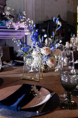 Blue decor on the tables, banquet decor, party
