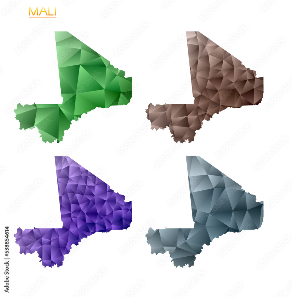 Poster set of vector polygonal maps of mali. bright gradient map of the country in a low poly style. multic