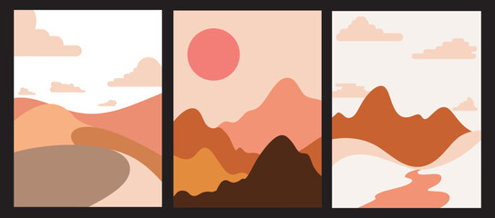 
Set of Abstract Landscapes  Modern Contemporary background sunset  Mountains, hills, waves shapes. Vector illustration trendy art flat minimalist style template banner.