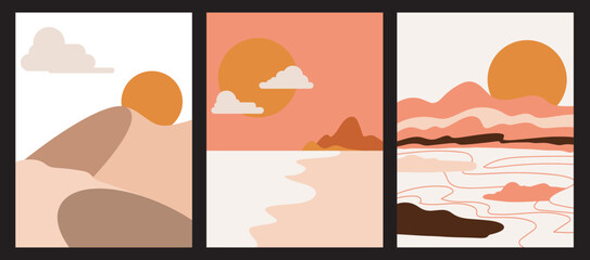 
Set of Abstract Landscapes  Modern Contemporary background sunset  Mountains, hills, waves shapes. Vector illustration trendy art flat minimalist style template banner.