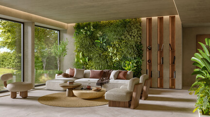 Vertical Green Wall in a living room interior, 3d render