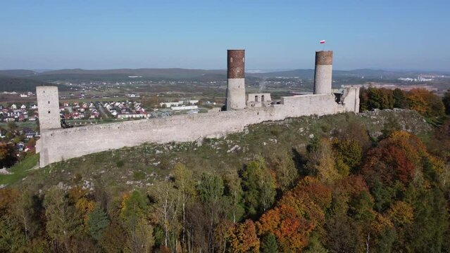 Checiny Castle photographed from above overlooking the city of Checiny, Poland.