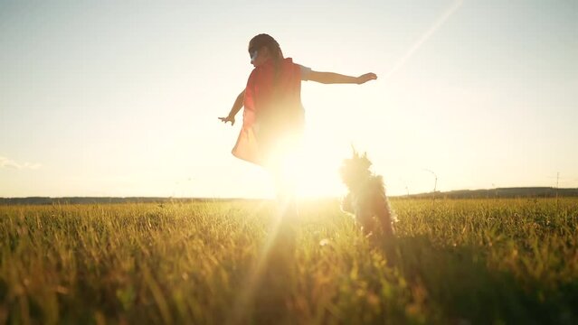 superhero and dog. little boy running across the field in a superhero costume with a red cape silhouette at sunset. happy family kid concept. baby superhero. little boy in dream sunset run through