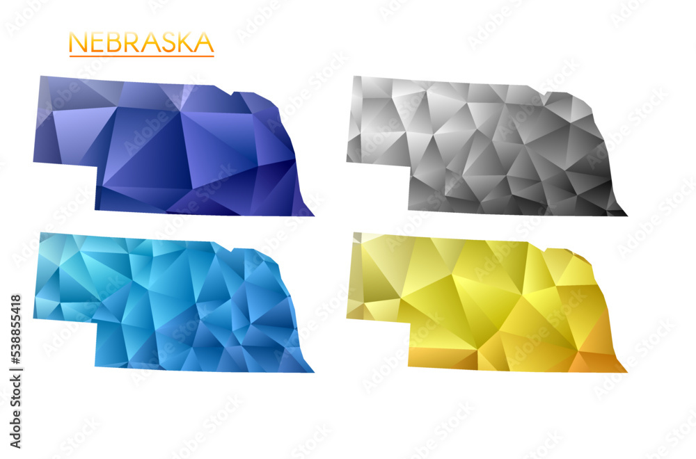 Poster set of vector polygonal maps of nebraska. bright gradient map of the us state in a low poly style. m