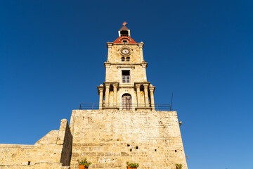Obraz premium Medieval Clock Tower in the old town on the island of Rhodes