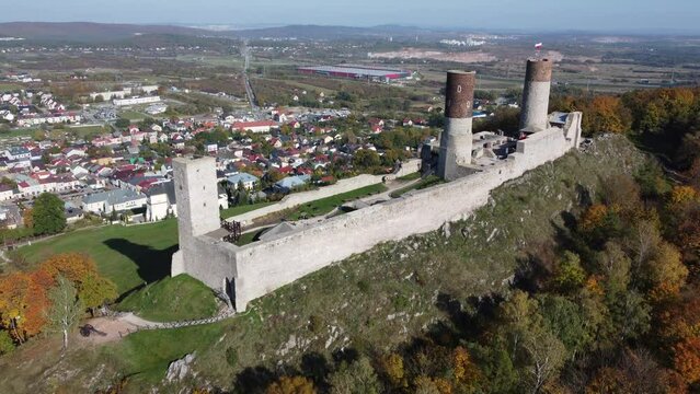 Checiny Castle photographed from above overlooking the city of Checiny, Poland.