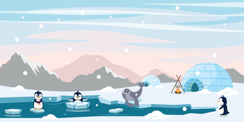 Vector illustration of the North Pole. Cartoon ice landscape with penguins, fur seal, eskimo needles of mountains backdrop.