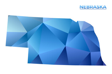 Vector polygonal Nebraska map. Vibrant geometric us state in low poly style. Captivating illustration for your infographics. Technology, internet, network concept.