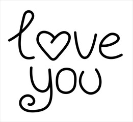 Vector isolated black line lettering  love you with heart instead of o letter.