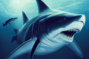 Illustration of a megalodon shark, prehistoric sea creature, predator of pliocene, extinct species, generative AI