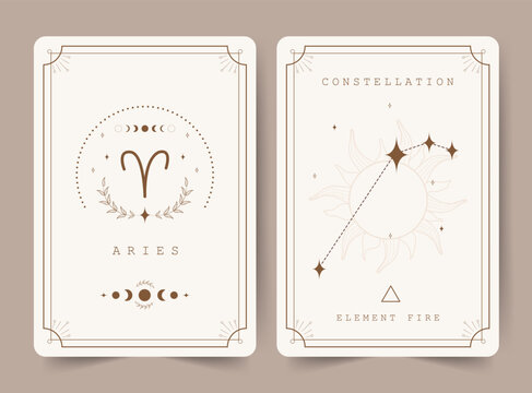 Aries. Witchcraft Cards With Astrology Zodiac Sign And Constellation. Perfect For Tarot Readers And Astrologers. Occult Magic Background. Horoscope Template. Vector Illustration In Boho Style.