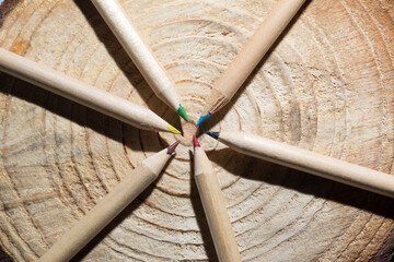 group of colored wooden pencils for freehand drawing on white background