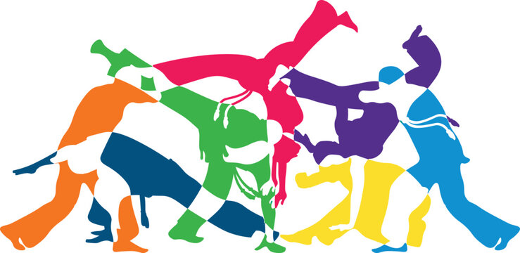 Group of people doing capoeira movements, kick, acrobatics. Capoeira team group banner, background. Colorful vector illustration with silhouettes of a group of persons.